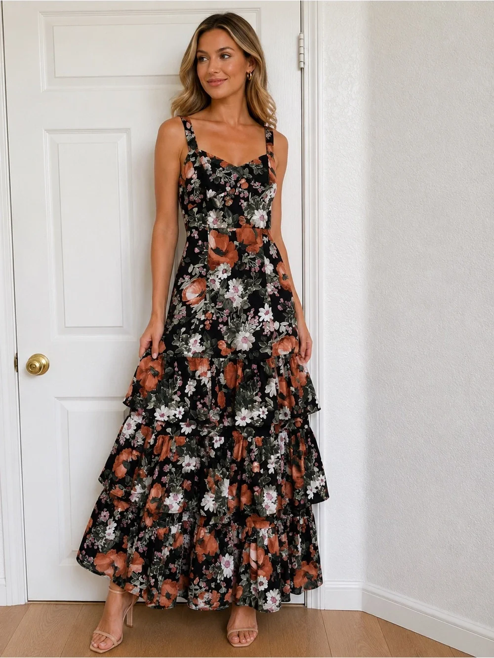 Abercrombie & Fitch Floral Tiered Ruffle Maxi Dress Black Pink Green Orange XS - Picture 1 of 10